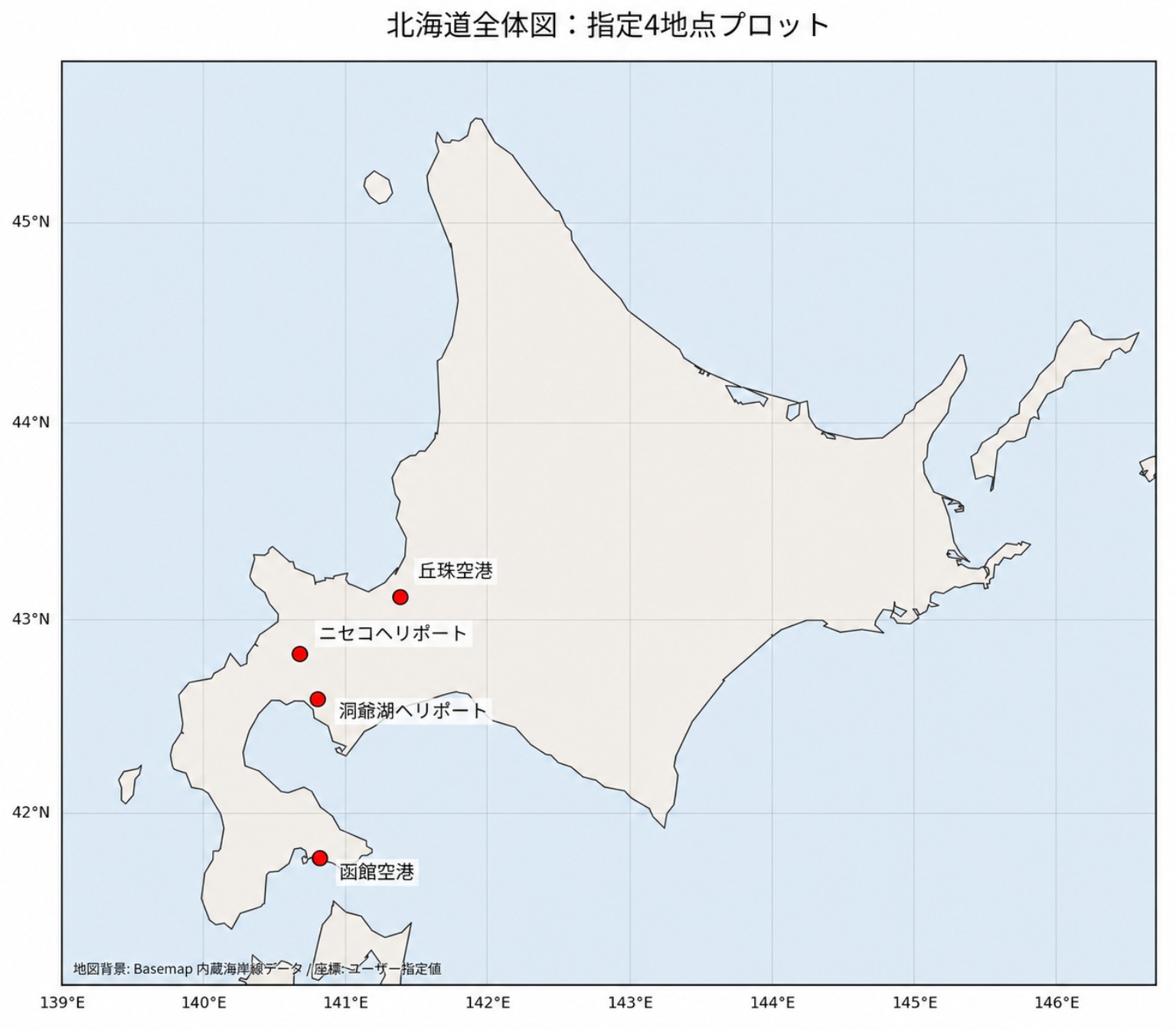 北海道全体図・想定4地点プロット